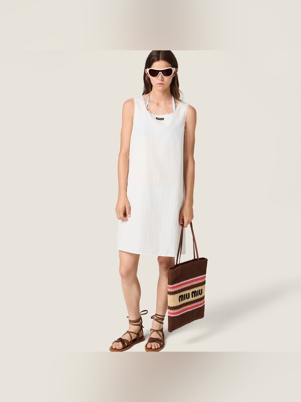 Miu Miu Crochet Knit Shopping Tote Bag Brown Pink Striped Large Raffia-effect - Picture 8 of 14
